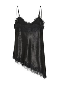 Camisole en satin noir avec bordure en dentelle, fines bretelles et ourlet asymétrique.