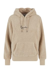 Krémovo sfarbená sherpa fleecová mikina s kapucňou, predným vreckom, sťahovacími šnúrkami, rebrovanými manžetami a malým vyšívaným logom na hrudi.