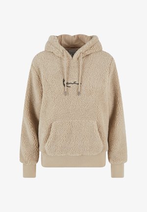 Kreemika värvi sherpa-fliisist kapuutsiga dressipluus esitasku, nööridega, soonikkoes varrukasäärte ja väikese rinnal asuva borduuritud logoga.