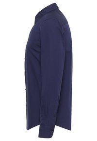 Dunkelblaues Langarmhemd mit klassischem Kragen, Knopfleiste und Manschetten; glatte Textur und gerade geschnittenes Design.