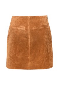 Ruskea mokkanahkainen minihame, jossa on sileä pinta, kaksi takataskua ja suora siluetti. Sivussa vetoketjusuljenta.