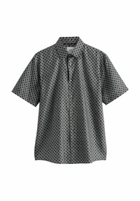Camicia a maniche corte con bottoni, in bianco e nero con un motivo geometrico. Realizzata in tessuto leggero, con colletto classico e cinque bottoni.