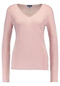 Jasnoróżowy sweter z długim rękawem i dekoltem w serek, wykonany z miękkiego dzianinowego materiału. Charakteryzuje się wąskimi rękawami oraz małym logo przy krawędzi.