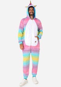 Colorful unicorn onesie featuring pink, blue, and yellow stripes, white accents, zip closure, hood with ears, and a stitched logo detail.