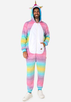 Colorful unicorn onesie featuring pink, blue, and yellow stripes, white accents, zip closure, hood with ears, and a stitched logo detail.