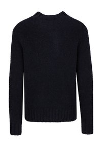 Dunkelblauer Pullover aus strukturiertem, fusseligem Stoff mit langen Ärmeln und geripptem Saum. Die Rückansicht zeigt ein einfaches, sauberes Design.