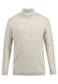 Jasno beżowy sweter w splot cable z wysokim dekoltem, długimi rękawami, ściągaczami na rękawach i u dołu. Charakteryzuje się teksturowanym wzorem na całej powierzchni.