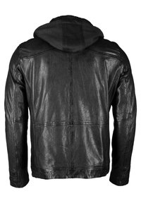 Zwart leren jack met een gestructureerde afwerking en lange mouwen, voorzien van een zwarte capuchon. Gestikte details zijn zichtbaar op de rug.