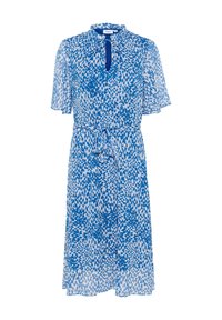 Robe florale bleu et blanche en tissu léger, avec des manches courtes, un col froncé et une ceinture à la taille pour ajustement.