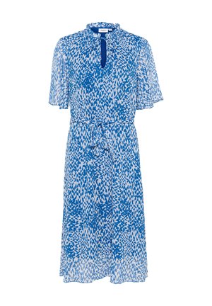Blau-weißes, floral bedrucktes Kleid aus leichtem Stoff, mit kurzen Ärmeln, einem Rüschenkragen und einem Taillenband zur Anpassung.