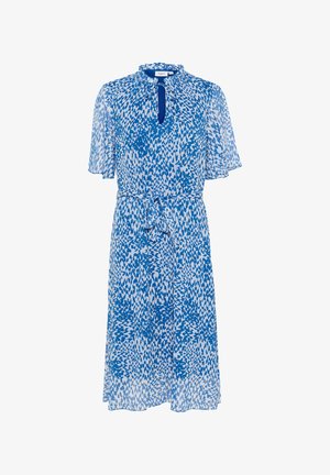 Modrá a bílá květinová šaty vyrobené z lehké tkaniny, s krátkými rukávy, volantovým výstřihem a opaskem pro úpravu v pase.