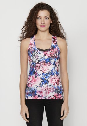 Floral tank top featuring a mix of pink, blue, and black colors with a scoop neckline and a textured black netted accent underneath.