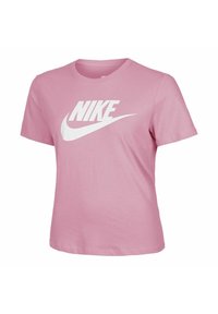 T-shirt in cotone rosa con logo Nike bianco sulla parte anteriore. Maniche corte e design a girocollo. Adatto per l'abbigliamento casual.