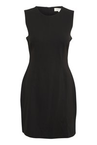Zwarte mouwloze jurk met een ronde halslijn, aansluitende silhoutte en ritssluiting aan de achterkant. Glad materiaal zonder zichtbare patronen of accenten.