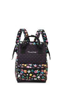 Schwarzer Stoff-Rucksack mit buntem Blumen- und Totenkopf-Muster, doppelten Schultergurten, einem oberen Griff und mit Reißverschluss versehenen Fächern. Mit Logo.