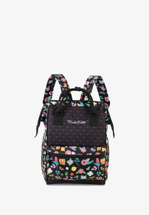 Black fabric backpack with colorful floral and skull pattern, dual shoulder straps, top handle, and zippered compartments. Features logo.