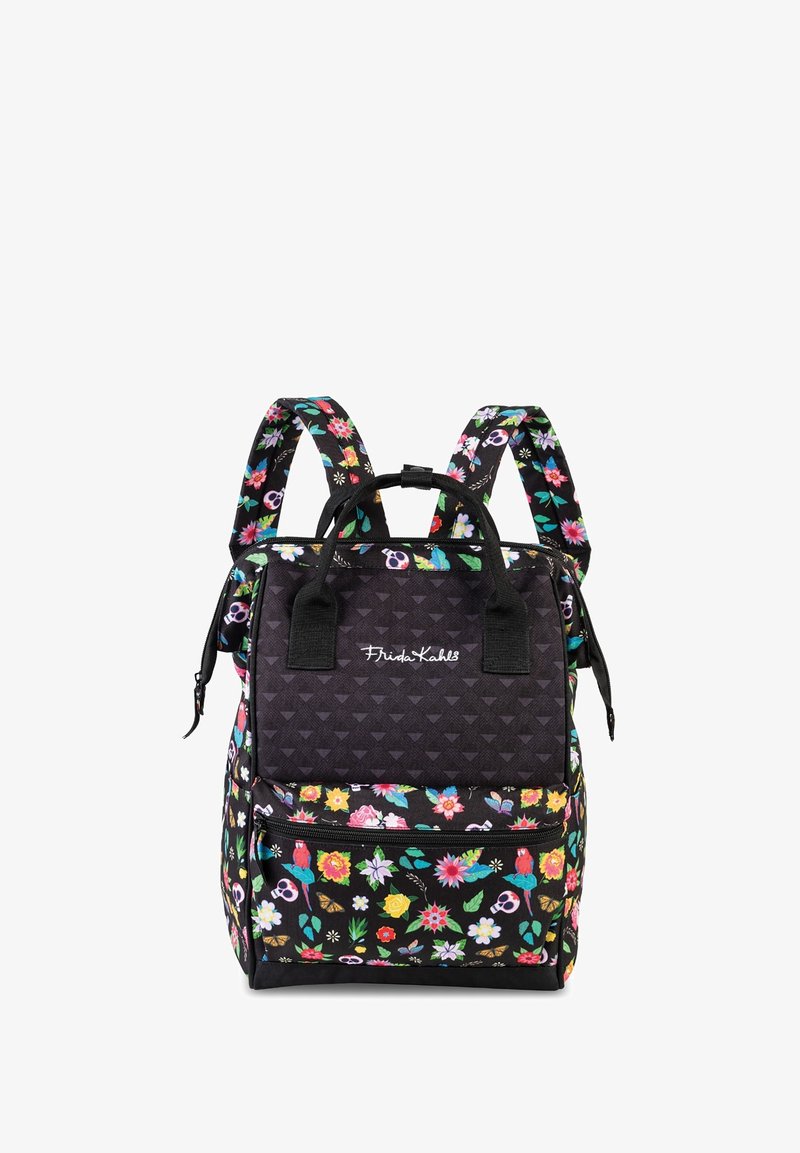 Black fabric backpack with colorful floral and skull pattern, dual shoulder straps, top handle, and zippered compartments. Features logo.