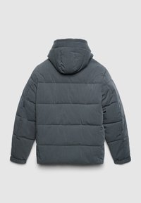 Giacca invernale imbottita grigio scuro con cappuccio, maniche lunghe e trapunte orizzontali, mostrata da dietro su uno sfondo chiaro.