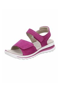 Růžová semišová sandál s dvěma nastavitelnými popruhy, otevřeným designem špičky a bílou polstrovanou podrážkou. Obsahuje růžový akcent na okraji podrážky.