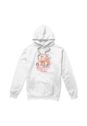 Weißer Hoodie mit einem Weihnachtsmotiv von zwei Bären, die Weihnachtsmützen tragen, umgeben von Geschenken und dem Text „Weihnachtswünsche.“