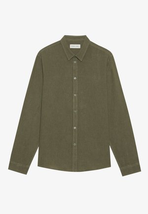 Olijfgroene overhemd met lange mouwen, gemaakt van textiel met structuur, voorzien van een button-down kraag en een knoopsluiting aan de voorkant.