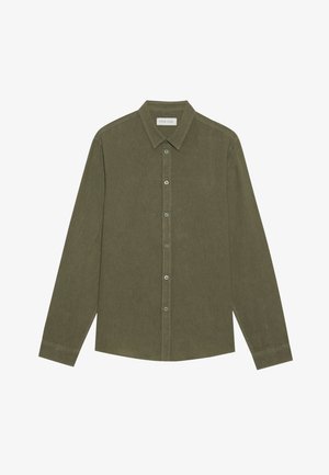 Olijfgroene overhemd met lange mouwen, gemaakt van textiel met structuur, voorzien van een button-down kraag en een knoopsluiting aan de voorkant.