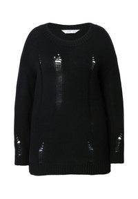Schwarzer Strickpullover mit lässiger Passform, rundem Ausschnitt und zahlreichen fransigen Ausschnitten an der Vorderseite und den Ärmeln.