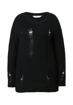 Maglione nero in maglia con una vestibilità morbida, scollatura tonda e numerosi strappi lungo la parte anteriore e le maniche.