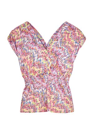 Multicolored wrap blouse featuring a zigzag pattern. Made of lightweight fabric with short sleeves and a smocked waistband.