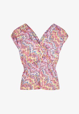 Blusa envolvente multicolorida con un patrón de zigzag. Fabricada con un tejido ligero, tiene mangas cortas y una cintura fruncida.