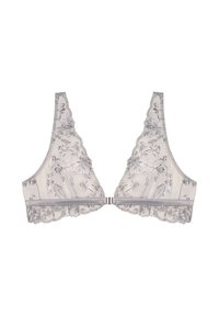 Koronkowy biustonosz braletka z kwiatowym haftem w jasnoszarym kolorze, charakteryzujący się przezroczystym fasonem i falbaniastymi krawędziami, wykończony satynowym paskiem pod spodem i zapięciem na haczyk.