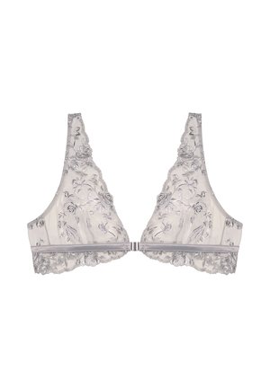 Spitzen-Bralette mit floraler Stickerei in Hellgrau, mit transparentem Design und gewellten Kanten, versehen mit einem satinierten Unterbund und Hakenverschluss.