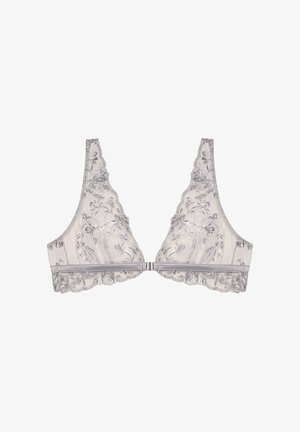 Bralette en dentelle avec broderie florale en gris clair, présentant un design transparent et des bords festonnés, rehaussé d'une bande sous poitrine en satin et d'une fermeture à crochet.