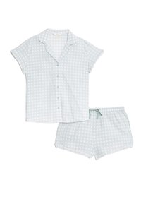 Ljust blå rutiga pyjamasar med kortärmad knapp-up topp och shorts med elastisk midja och knytband. Mjuk bomullsmaterial.