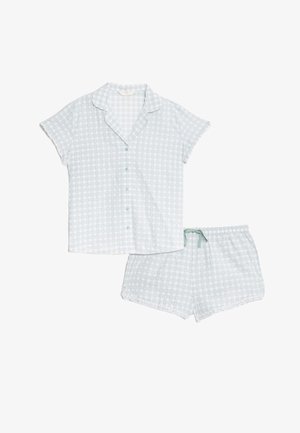 Pigiama blu chiaro a quadri con top a maniche corte e bottoni e pantaloni corti con vita elastica e laccetto. Realizzato in morbido cotone.