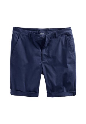 Navy blue shorts made of smooth fabric, featuring a button closure, two front pockets, and folded cuffs at the hem.
