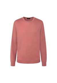 Helle rosa Pullover mit Rundhalsausschnitt aus einem weichen Strickstoff. Lange Ärmel, gerippte Bündchen und Saum. Glatte Textur mit minimalen Nähten.