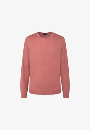 Lichtroze ronde hals trui van een zachte brei stof. Lange mouwen, geribbelde boorden en zoom. Soepele textuur met minimale naden.