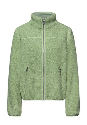 Veste polaire vert clair avec fermeture éclair intégrale à l'avant, deux poches latérales zippées et un col montant.