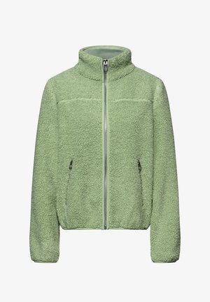 Veste polaire vert clair avec fermeture éclair intégrale à l'avant, deux poches latérales zippées et un col montant.