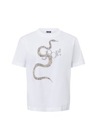 Witte t-shirt met korte mouwen met een afbeelding van een opgerolde slang en het woord "JOOP!" in geometrische letters op de voorkant.