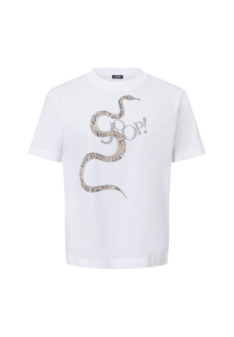 Witte t-shirt met korte mouwen met een afbeelding van een opgerolde slang en het woord "JOOP!" in geometrische letters op de voorkant.