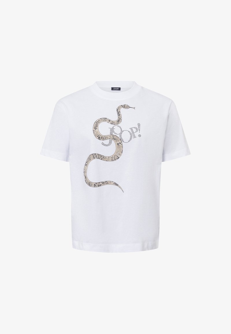 Witte t-shirt met korte mouwen met een afbeelding van een opgerolde slang en het woord "JOOP!" in geometrische letters op de voorkant.