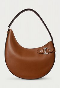 Ruda odinė petnešinė rankinė su išlenktos formos kontūru, sidabrine sagtimi ir siūlių detalėmis palei kraštus bei dirželį. Lygios tekstūros.