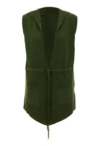 Gilet senza maniche con cappuccio verde, dal design a quadri testurizzato, con vita regolabile e due tasche frontali. Materiale morbido con una vestibilità rilassata.