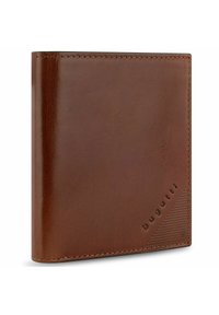 Portefeuille en cuir marron avec une texture lisse, logo en relief et accent à motifs diagonaux. Design rectangulaire compact avec des détails de couture.