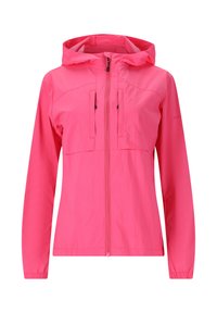 Lätt rosa zip-jacka med huva; har två framfickor, elastiska ärmslut och ett slätt, vattenavvisande tyg.