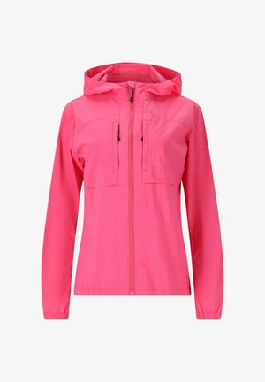 Veste légère zippée rose avec capuche ; elle possède deux poches avant, des poignets élastiques et un tissu lisse et résistant à l'eau.