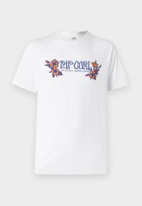 White short-sleeve t-shirt featuring colorful floral graphics and "Rip Curl" text at the center, made of soft cotton material.