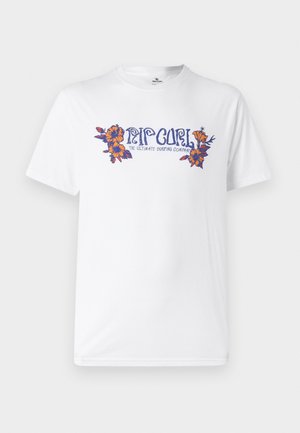 Weißes T-Shirt mit kurzen Ärmeln, das farbenfrohe Blumenmuster und den Schriftzug "Rip Curl" in der Mitte aufweist. Hergestellt aus weichem Baumwollmaterial.